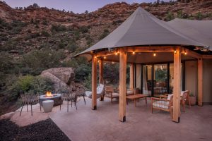 Luxury glamping tent at Open Sky Resort near Zion National Park with outdoor fire pit and sunset views